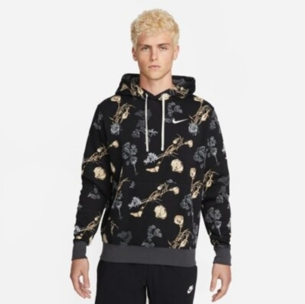 NWT Nike Black Hoodie with Beige & Gray Floral Print Size Small